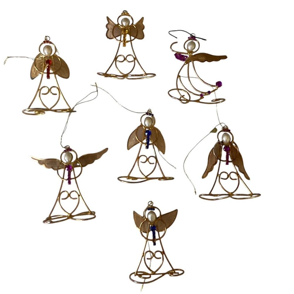 Wire Twist Capiz Shell Angel Christmas Ornaments with Rhinestones Set of 7